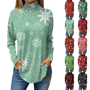 Women's Casual Printed High Neck Fashion Long Sleeve Pullover Christmas T-Shirt