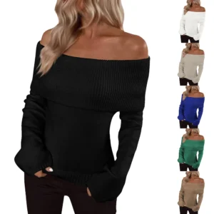 Pullover Jumper Tops Womens Off Shoulder Fold Over Sweater Knit Fall Sweaters