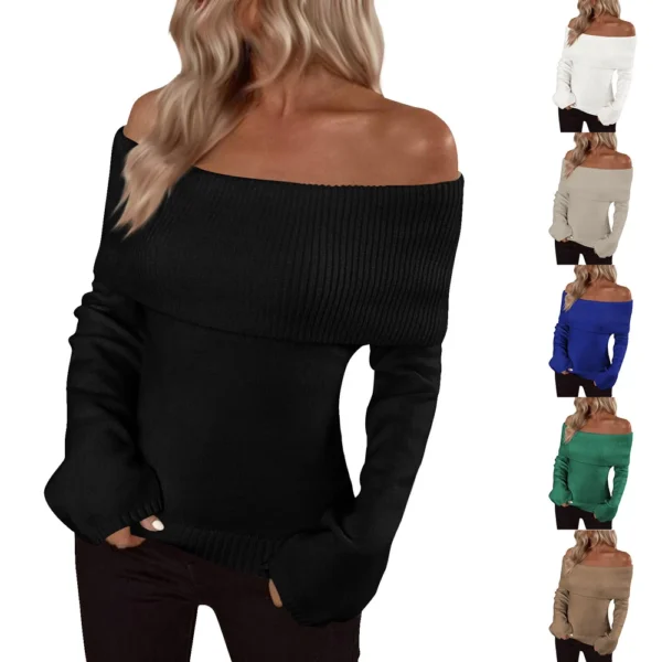 Pullover Jumper Tops Womens Off Shoulder Fold Over Sweater Knit Fall Sweaters