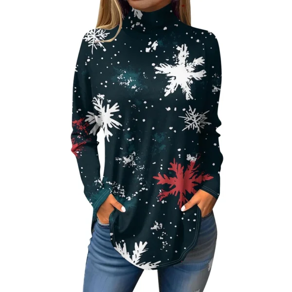Women's Casual Pullover High Neck Christmas Long Sleeve Printed Fashion T-Shirt - Image 4