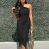 Women's long dress slanted shoulder slim satin dress - Image 9