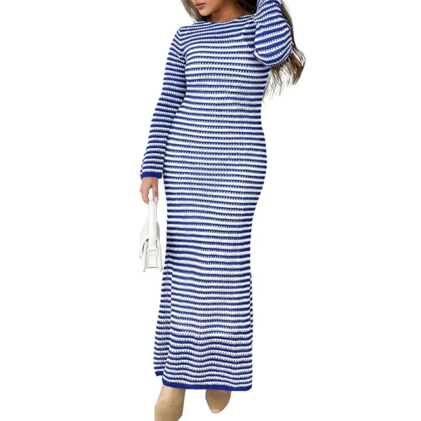 Women's Casual Striped Long Sleeved Sweater Dress, Mid Length Dress, Slim Fit - Image 17
