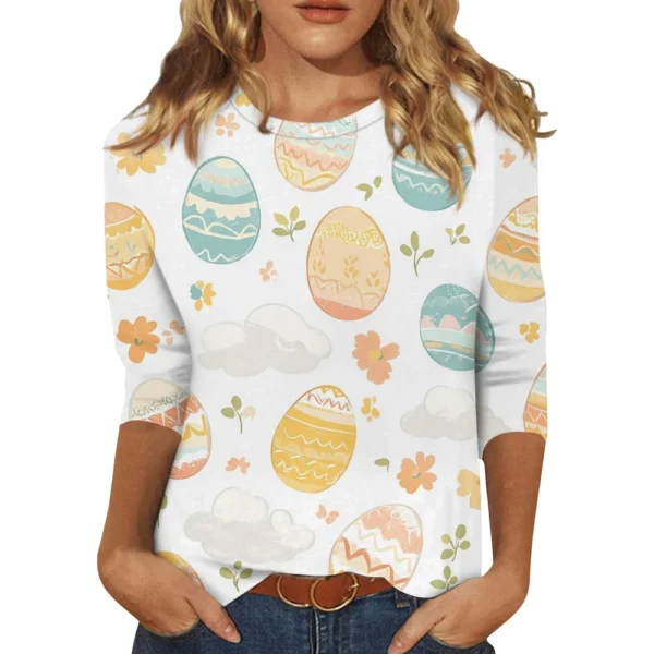 Women's Casual Fashion Easter Tops Plus Size Printed Basic 3/4 Sleeve Pullover - Image 5