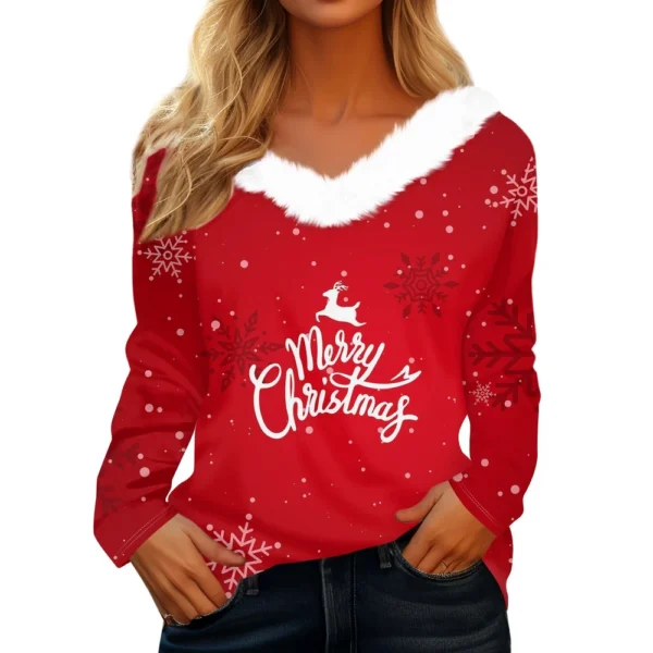 Women's Christmas Shirt Long Sleeve Top Fleece Collar Party V Neck T Shirt - Image 23