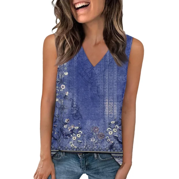 Tank Top Women Casual Printed Soft Summer V Neck Sleeveless Tops - Image 4