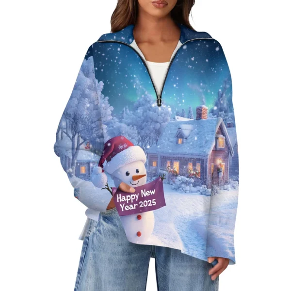 Women's Casual Half Zipper Lapel Christmas Printed Pullover Top Side Slit - Image 35