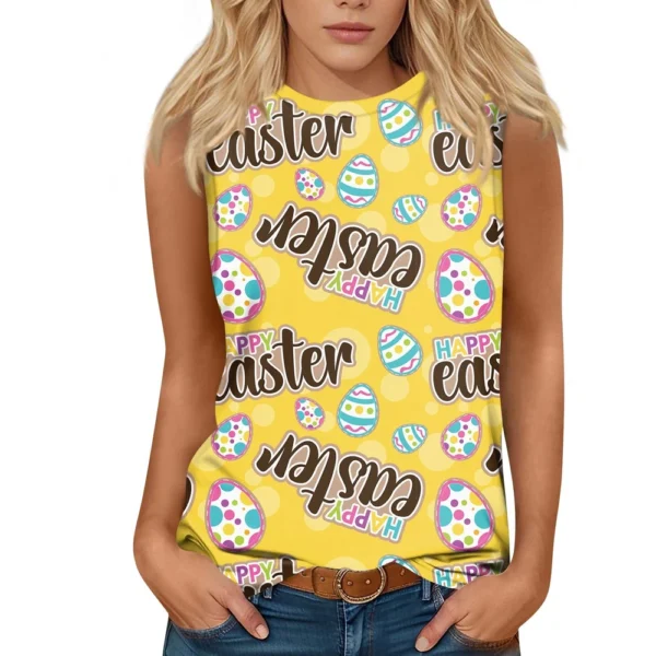Women's Fashion Casual Easter Printed Round Neck Sleeveless T-Shirt Tops - Image 26