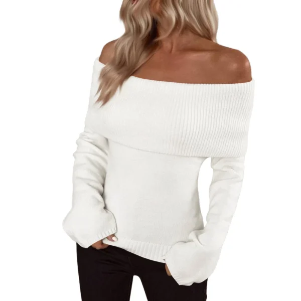 Pullover Jumper Tops Womens Off Shoulder Fold Over Sweater Knit Fall Sweaters - Image 29