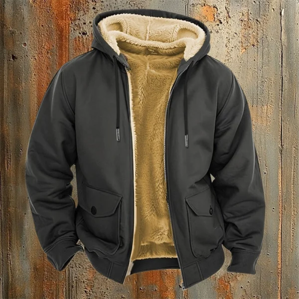 Men's Casual Zippered Pocket Hooded Jacket Men's Solid Color Fashion Warm Jacket - Image 16